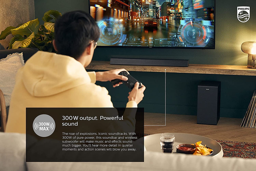 PHILIPS Soundbar with Wireless Subwoofer, Sound bar for tv 2.1-Channel Bluetooth, 300 Watts Dolby Audio Performance, Theater Audio Speakers