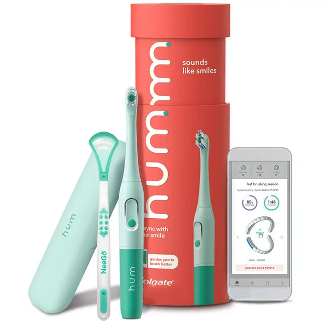hum by Colgate Smart Battery Powered Toothbrush, Sonic Toothbrush Handle W Travel Case & NeeGo Tongue Cleaner, Teal