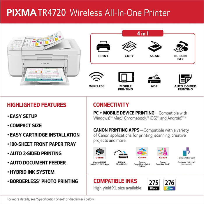Canon PIXMA TR4720 All-in-One Wireless Printer Home use, with Auto Document Feeder, Mobile Printing and Built-in Fax, White