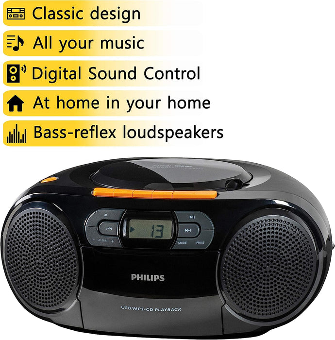 Philips Stereo CD Player, Portable Cassette Player, Portable Boombox, USB, FM, MP3, Tape, CD Player Boom Box, AZ328 - CD Player Boombox, Tape Player, CD Cassette Player Combo, CD Boombox