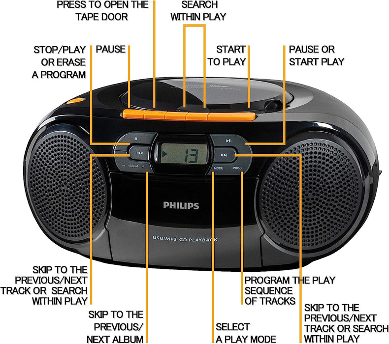Philips Stereo CD Player, Portable Cassette Player, Portable Boombox, USB, FM, MP3, Tape, CD Player Boom Box, AZ328 - CD Player Boombox, Tape Player, CD Cassette Player Combo, CD Boombox