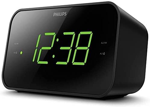 PHILIPS Digital Alarm Clock Radio, FM Radio Clock with Battery Backup, Dual Alarm, Sleep Timer Function, Easy Snooze and Large LED Display - Black