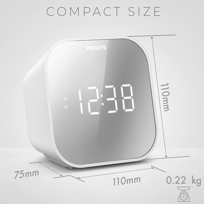 Philips Alarm Clock Radio with USB Charging Port, FM Radio Alarm Clock with Battery Backup, Clock Radios for Bedroom, USB Port, Dual Alarm Function, Sleep Timer
