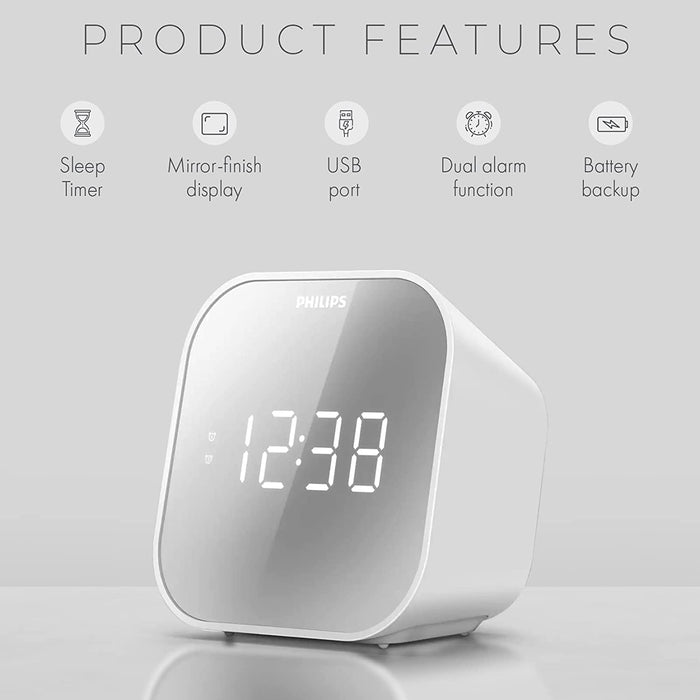 Philips Alarm Clock Radio with USB Charging Port, FM Radio Alarm Clock with Battery Backup, Clock Radios for Bedroom, USB Port, Dual Alarm Function, Sleep Timer