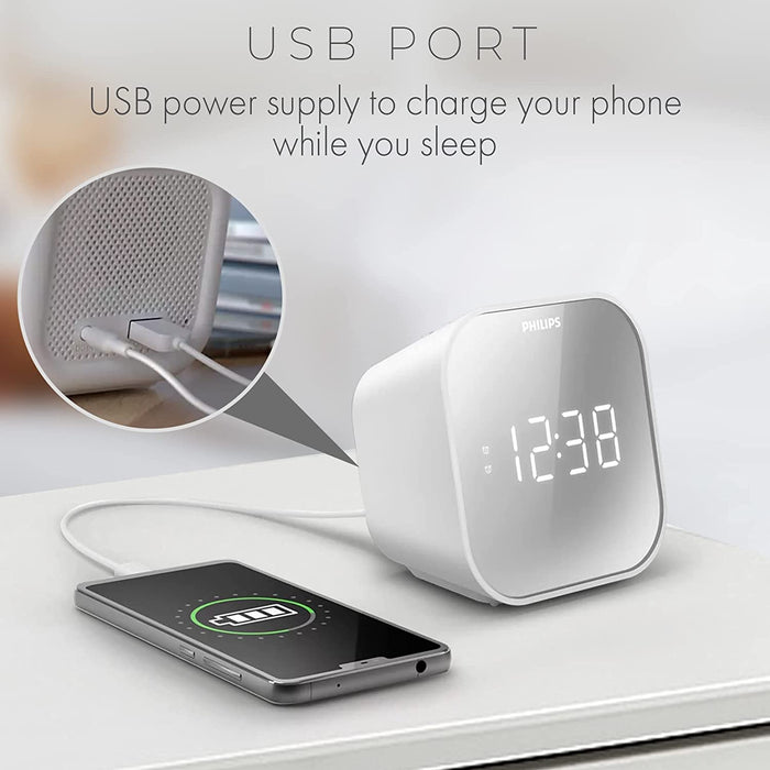 Philips Alarm Clock Radio with USB Charging Port, FM Radio Alarm Clock with Battery Backup, Clock Radios for Bedroom, USB Port, Dual Alarm Function, Sleep Timer