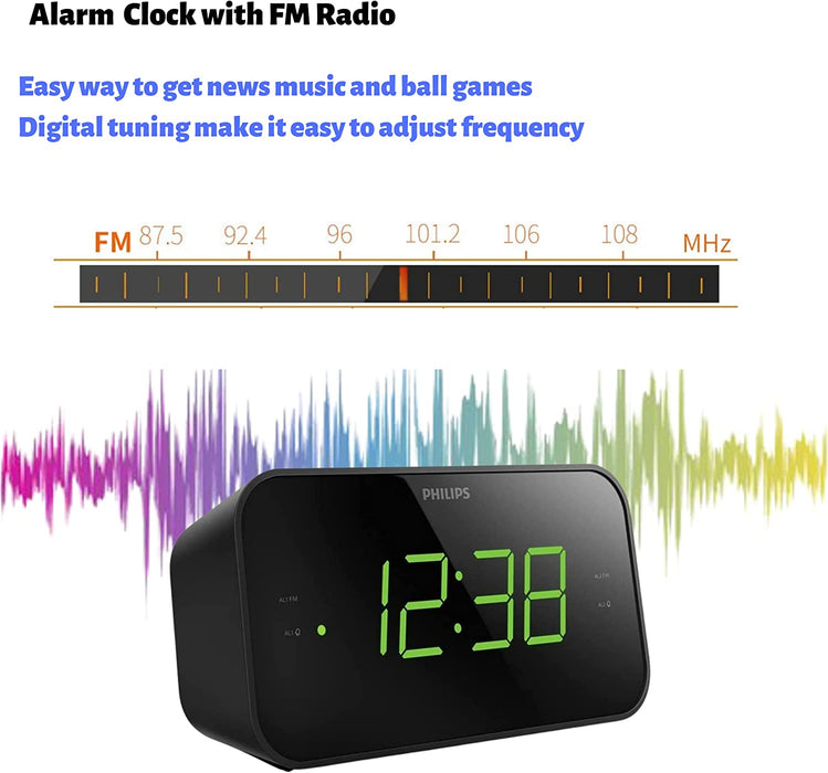 PHILIPS Digital Alarm Clock Radio, FM Radio Clock with Battery Backup, Dual Alarm, Sleep Timer Function, Easy Snooze and Large LED Display - Black