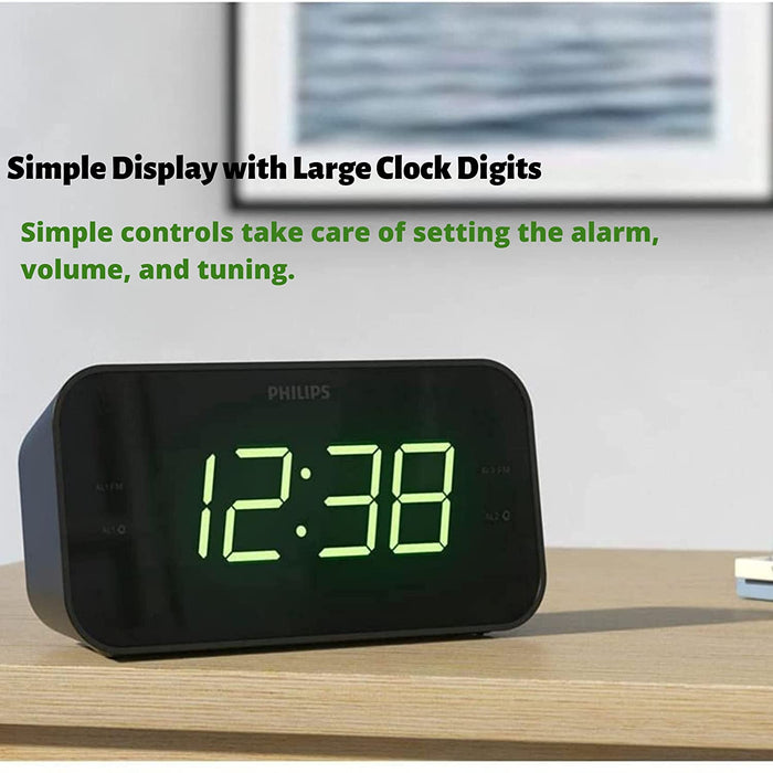PHILIPS Digital Alarm Clock Radio, FM Radio Clock with Battery Backup, Dual Alarm, Sleep Timer Function, Easy Snooze and Large LED Display - Black
