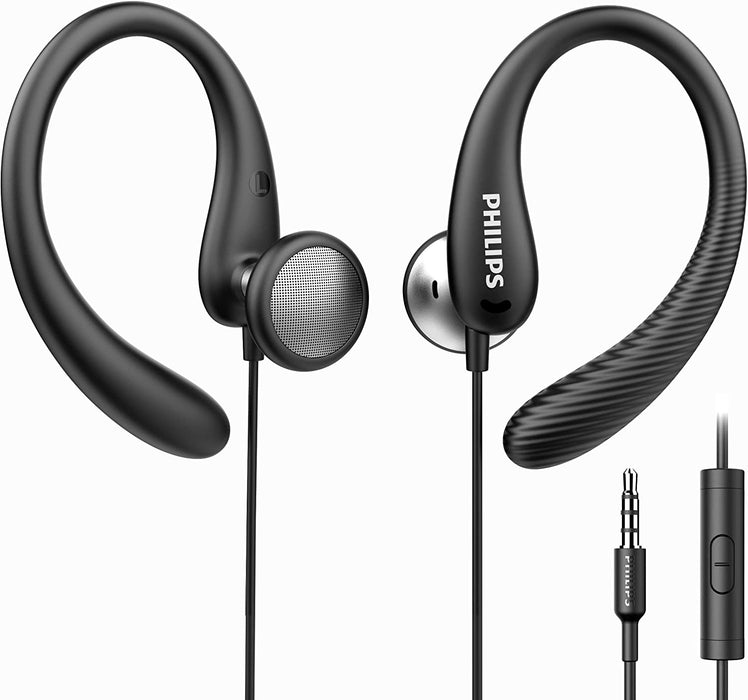 Philips Earbuds with Earhooks Over The Ear Earbuds, Wired Wrap Around Earbuds Earhook with Microphone, Flexible Sports in Ear Headphones for Running Workout Exercise Gym