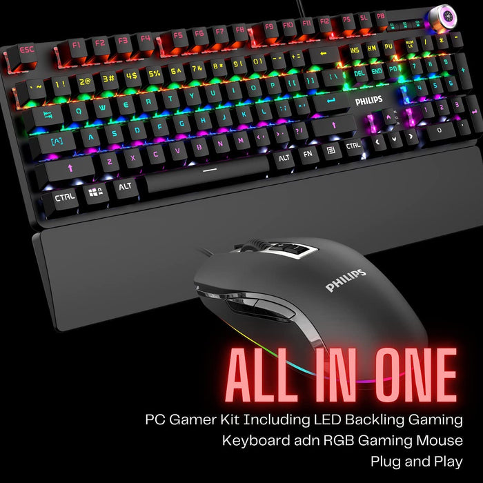 PHILIPS Wired Gaming Keyboard and Mouse Combo Programmable Gaming Mouse Adjustable DPI for Windows PC Gamers