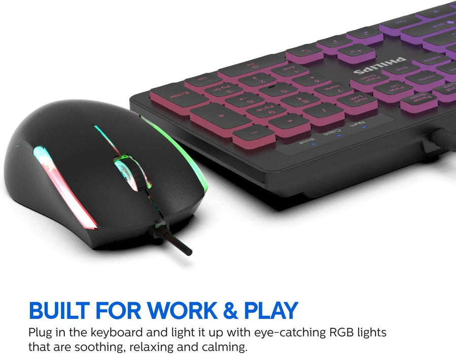 PHILIPS Wired Keyboard and Mouse Combo LED Keyboard RGB Optical Mouse | Quiet Chiclet Backlit Keyboard, N-Key Rollover Spill-Resistant for Home or Office (SPT8264)