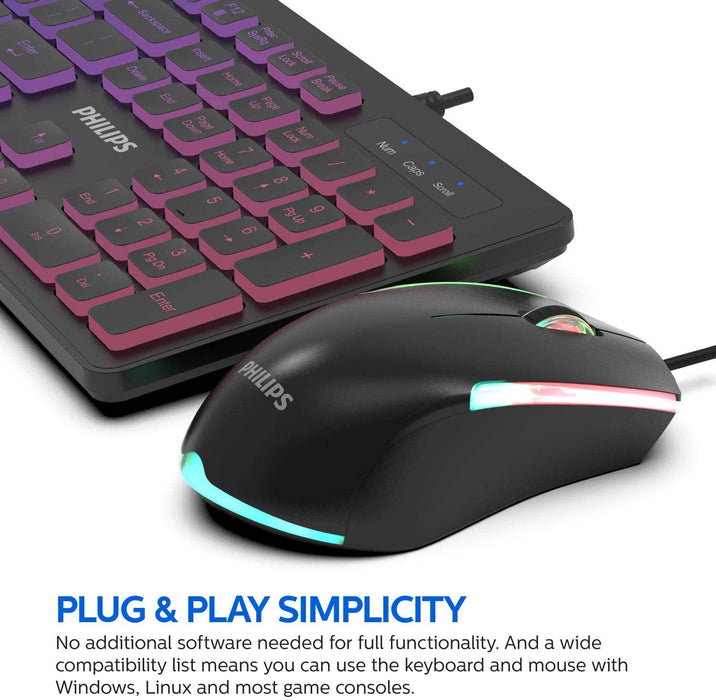 PHILIPS Wired Keyboard and Mouse Combo LED Keyboard RGB Optical Mouse | Quiet Chiclet Backlit Keyboard, N-Key Rollover Spill-Resistant for Home or Office (SPT8264)