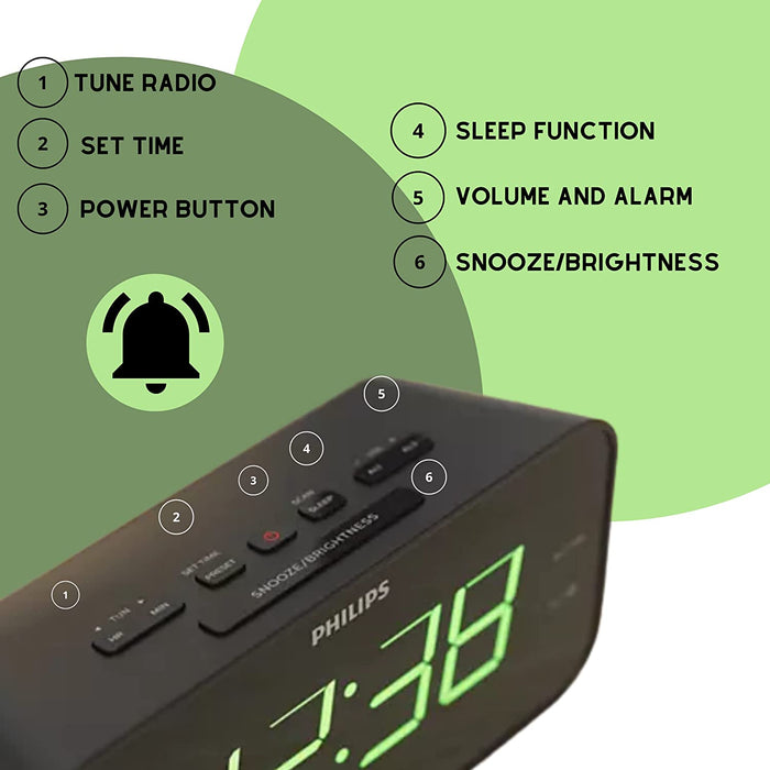 PHILIPS Digital Alarm Clock Radio, FM Radio Clock with Battery Backup, Dual Alarm, Sleep Timer Function, Easy Snooze and Large LED Display - Black