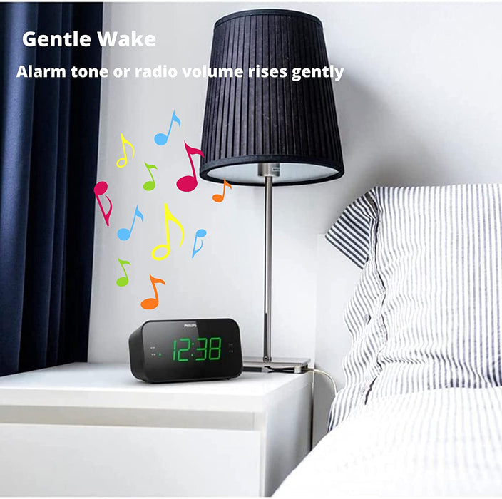 PHILIPS Digital Alarm Clock Radio, FM Radio Clock with Battery Backup, Dual Alarm, Sleep Timer Function, Easy Snooze and Large LED Display - Black
