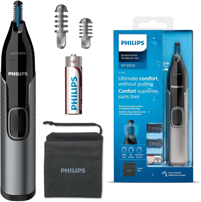 Nose Hair Trimmer, Series 3000 Nose, Ear and Eyebrow Trimmer Showerproof with Protective Guard System, Battery-Operated, No pulling Guaranteed - NT3650/16