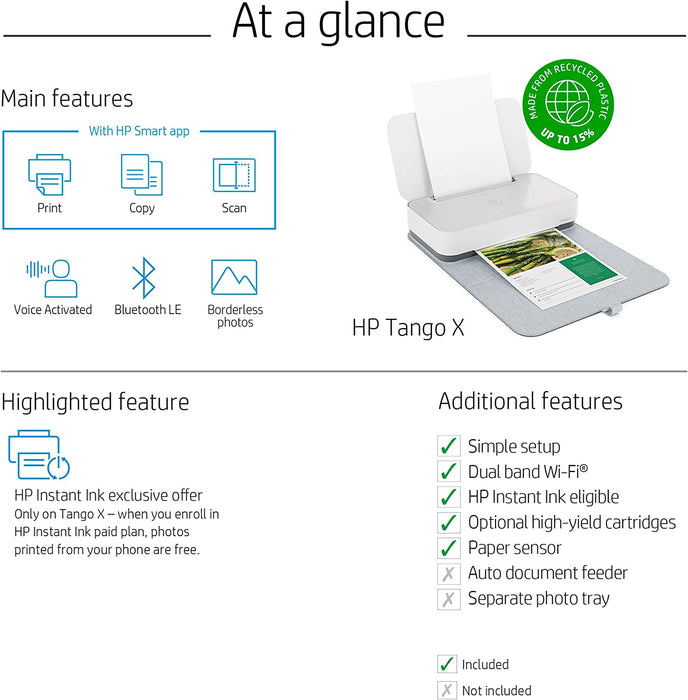HP Tango X Smart Wireless Printer with Indigo Linen cover Mobile Remote Print, Scan, Copy,