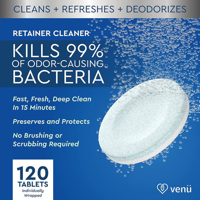 Venu Retainer Cleaner 120 Denture Cleaning Tablets Overnight Stain Cleanser and Plaque Remover - Clean Mouth Guard, Removable Dental Appliance, Aligner, Night Guard, Wire Retainer