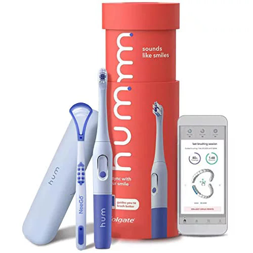 hum by Colgate Smart Battery Toothbrush Sonic Handle W Travel Case + NeeGo Tongue Cleaner, Blue