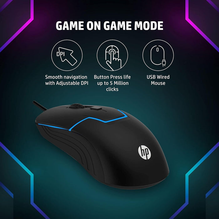 HP USB Wired Gaming Optical Mouse with LED Backlight and Adjustable 1000/1600 DPI Settings, 3 Buttons and Press Life Up to 5 Million Clicks
