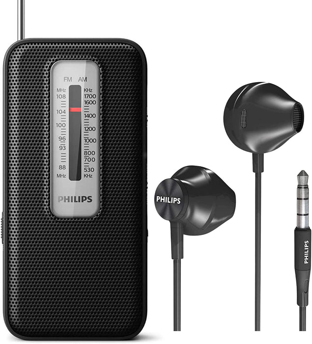 Philips AM FM Battery Operated Portable Pocket Radio, AM FM Compact Transistor Radios Player with Bonus Philips in-Ear Headphones - Black