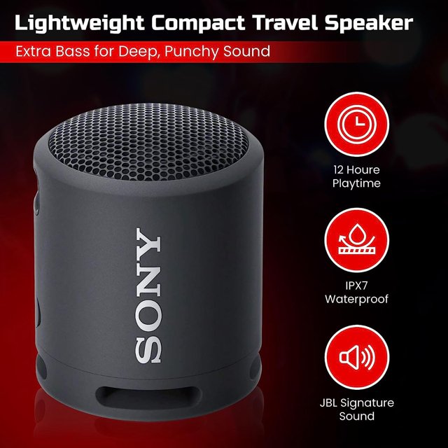 Sony Bluetooth Speaker, Portable Speakers Bluetooth Wireless, Extra BASS IP67 Waterproof & Durable for Outdoor, Compact Mini Travel Speaker Small, 16 Hour Battery, USB Type-C, Black + USB Adapter