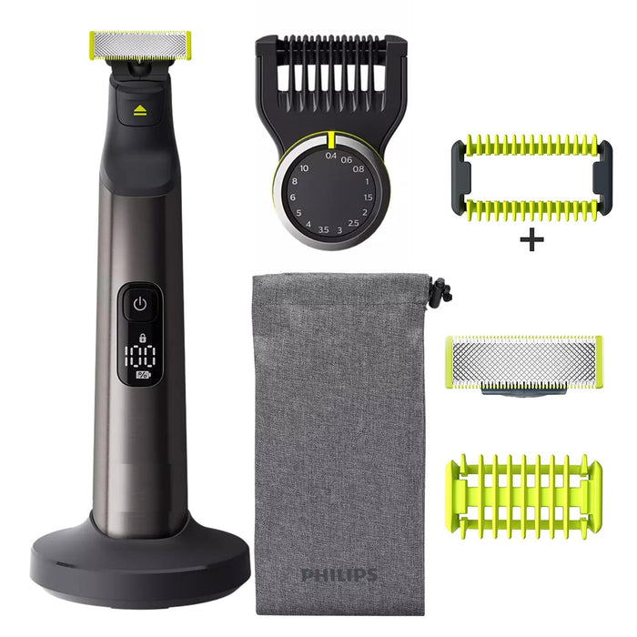 Philip Norelco OneBlade Pro Kit, Hybrid Electric Trimmer and Shaver with Charging Stand and Precision Comb, QP6520 + OneBlade Body Kit, 3 pieces, QP610, Black 4.0 Count