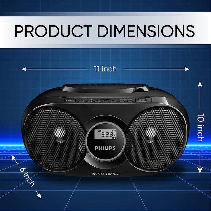 Philips Portable CD Player Boombox, Stereo Dynamic Bass Boost Speakers, Lightweight FM Radio CD Player with LCD Display, USB Playback, Aux Line-in, Boombox CD Player Portable for Home