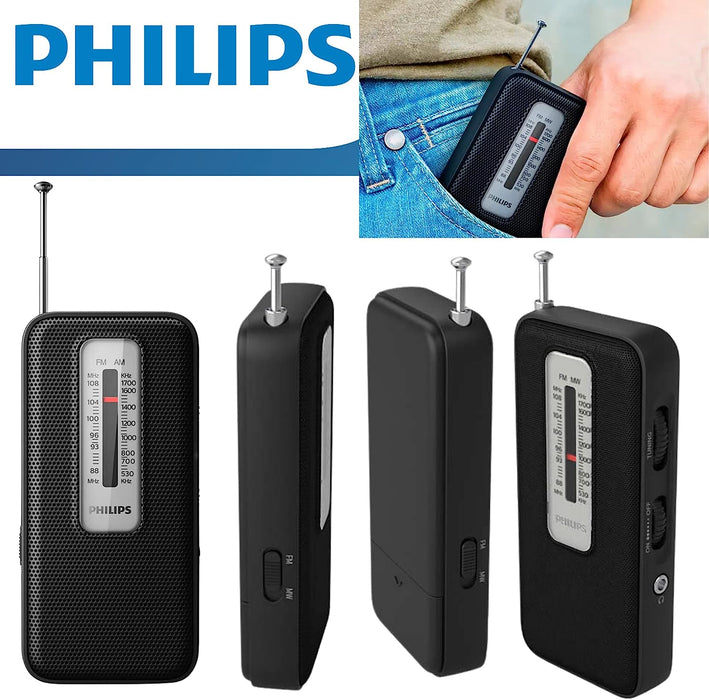 Philips AM FM Battery Operated Portable Pocket Radio, AM FM Compact Transistor Radios Player with Bonus Philips in-Ear Headphones - Black