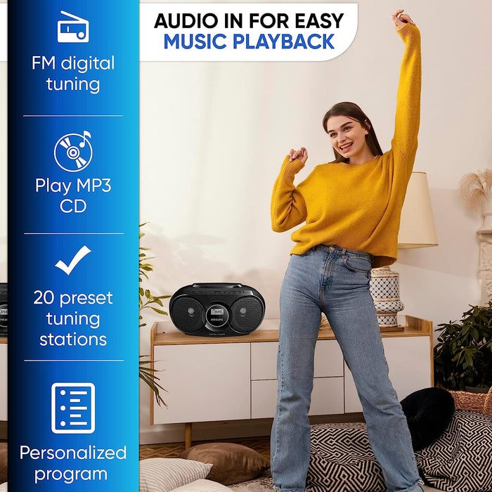 Philips Portable CD Player Boombox, Stereo Dynamic Bass Boost Speakers, Lightweight FM Radio CD Player with LCD Display, USB Playback, Aux Line-in, Boombox CD Player Portable for Home