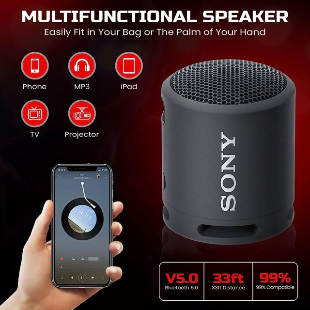 Sony Bluetooth Speaker, Portable Speakers Bluetooth Wireless, Extra BASS IP67 Waterproof & Durable for Outdoor, Compact Mini Travel Speaker Small, 16 Hour Battery, USB Type-C, Black + USB Adapter