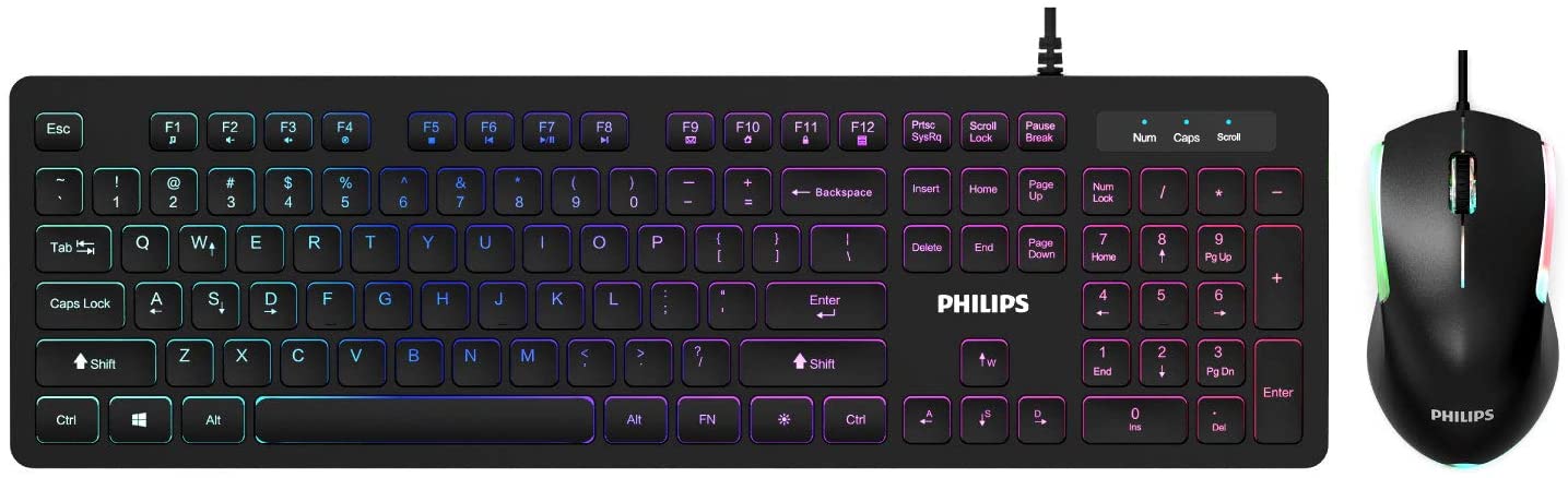 PHILIPS Wired Keyboard and Mouse Combo LED Keyboard RGB Optical Mouse | Quiet Chiclet Backlit Keyboard, N-Key Rollover Spill-Resistant for Home or Office (SPT8264)