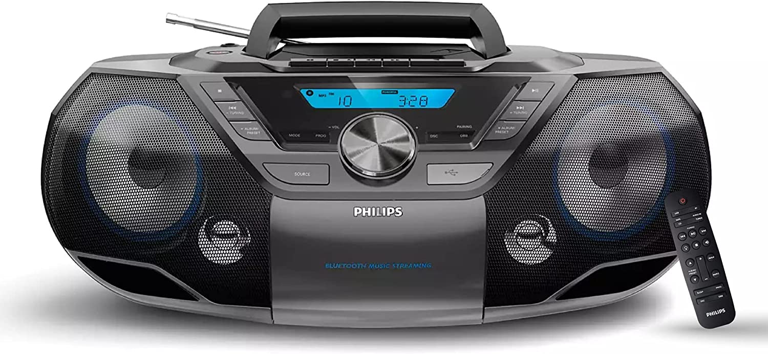 Philips Portable CD Player Boombox Bluetooth with Cassette All in one Powerful Stereo Boombox CD Player for Home with mega Bass Reflex Speakers, Radio/USB / MP3/ AUX Input with Backlight LCD Display