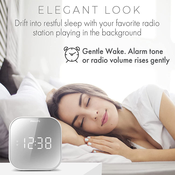 Philips Alarm Clock Radio with USB Charging Port, FM Radio Alarm Clock with Battery Backup, Clock Radios for Bedroom, USB Port, Dual Alarm Function, Sleep Timer