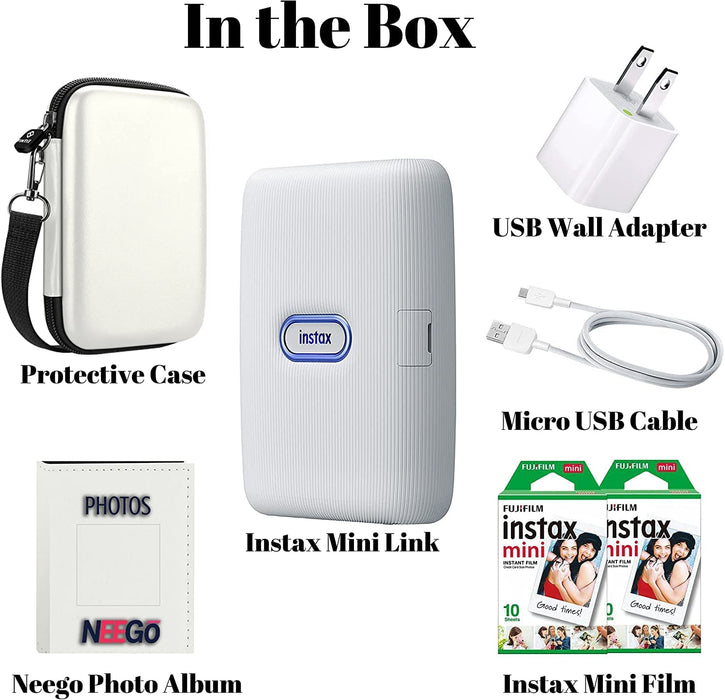 Fujifil Instax Mini Link Smartphone Printer with Fuji Instax Mini Film (20 Sheets), Bundled with Protective Case, Instax Photo Album and USB Adapter
