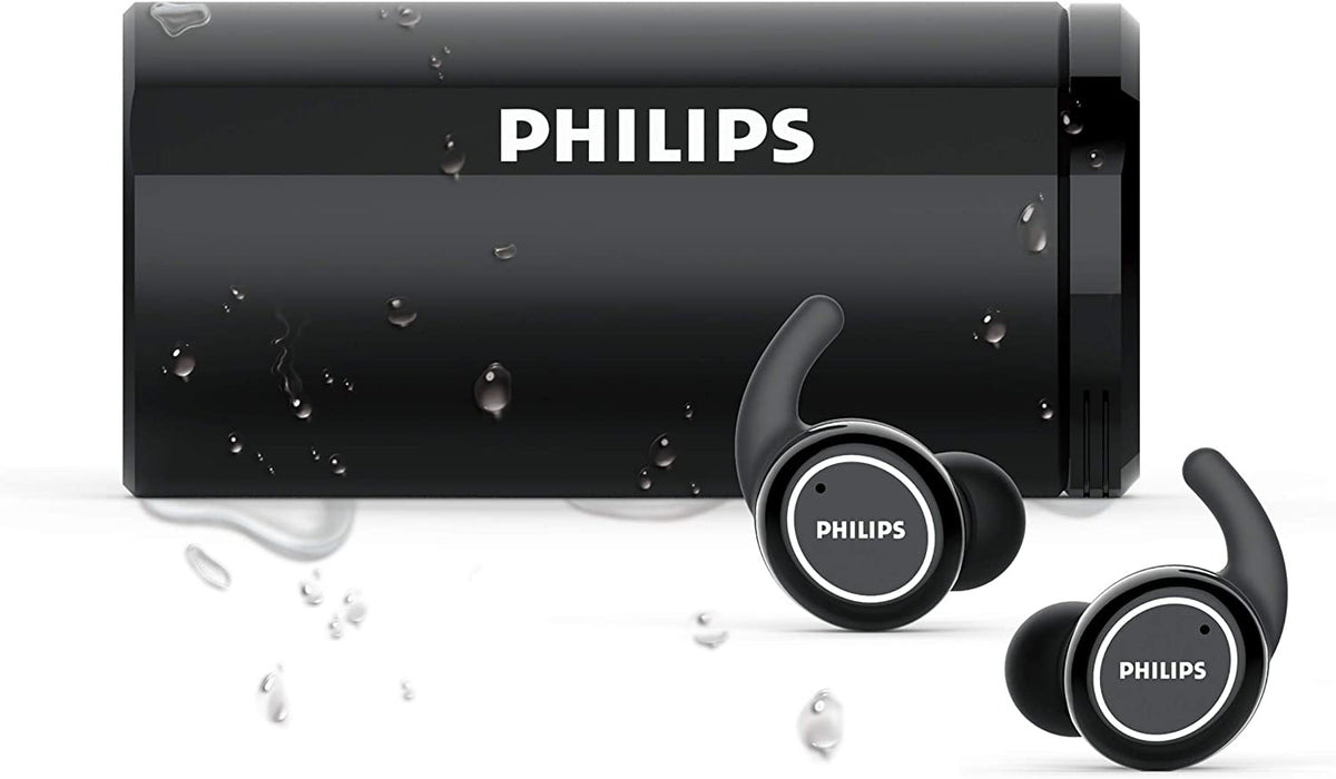 Philips ActionFit ST702 Wireless Bluetooth Earbuds, TWS, Noise Isolation, Lightweight, Stereo with IPX5 Splash Resistance and UV Cleaning Charging case Black (TAST702BK)