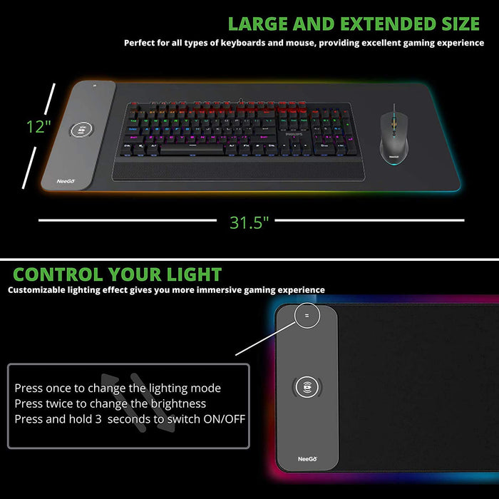 NEEGO RGB Gaming Mouse Pad, LED Soft Large Mousepad with Ajdustable Lighting, Smart Memory Function, Wireless Charging, Anti-Slip Rubber Base, Computer Keyboard Mouse Mat 31.5 x 12 inches