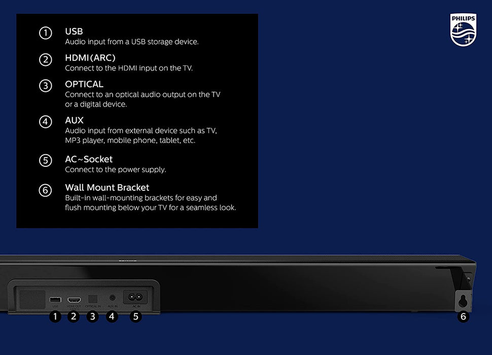 Philips B7305 2.1 Channel 300 Watts Dolby Audio Performance Soundbar Speaker with Wireless Subwoofer, HDMI ARC (TAB7305)