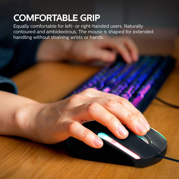 PHILIPS Wired Keyboard and Mouse Combo LED Keyboard RGB Optical Mouse | Quiet Chiclet Backlit Keyboard, N-Key Rollover Spill-Resistant for Home or Office (SPT8264)
