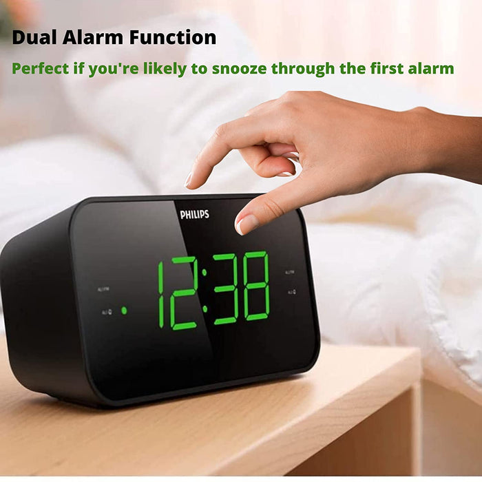 PHILIPS Digital Alarm Clock Radio, FM Radio Clock with Battery Backup, Dual Alarm, Sleep Timer Function, Easy Snooze and Large LED Display - Black