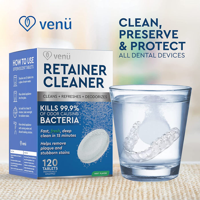 Venu Retainer Cleaner 120 Denture Cleaning Tablets Overnight Stain Cleanser and Plaque Remover - Clean Mouth Guard, Removable Dental Appliance, Aligner, Night Guard, Wire Retainer