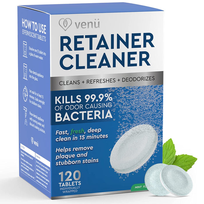 Venu Retainer Cleaner 120 Denture Cleaning Tablets Overnight Stain Cleanser and Plaque Remover - Clean Mouth Guard, Removable Dental Appliance, Aligner, Night Guard, Wire Retainer
