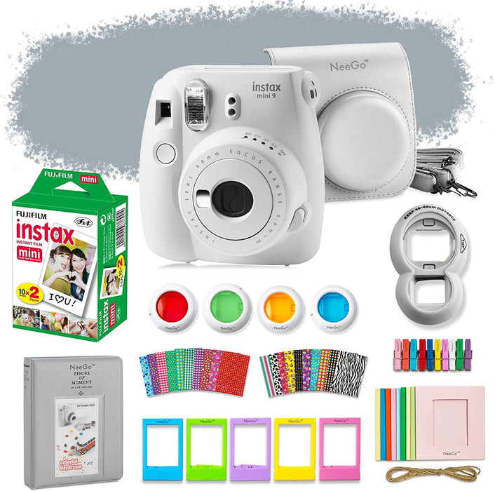 Fujifilm Instax Mini 9 Instant Camera Bundle-Deluxe Kit with NeeGo Case & Accessories 20 Exposures for Instant Creative Photos-Smokey White