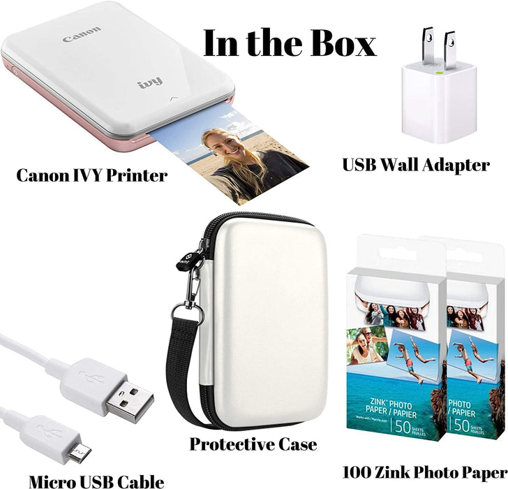 Canon IVY Mobile Instant Mini Photo Pocket Printer through Bluetooth, Portable, Rose Gold, Includes 2x3” Zink Photo Paper Sticker, Protective case and USB Charging Cable Wall Adapter