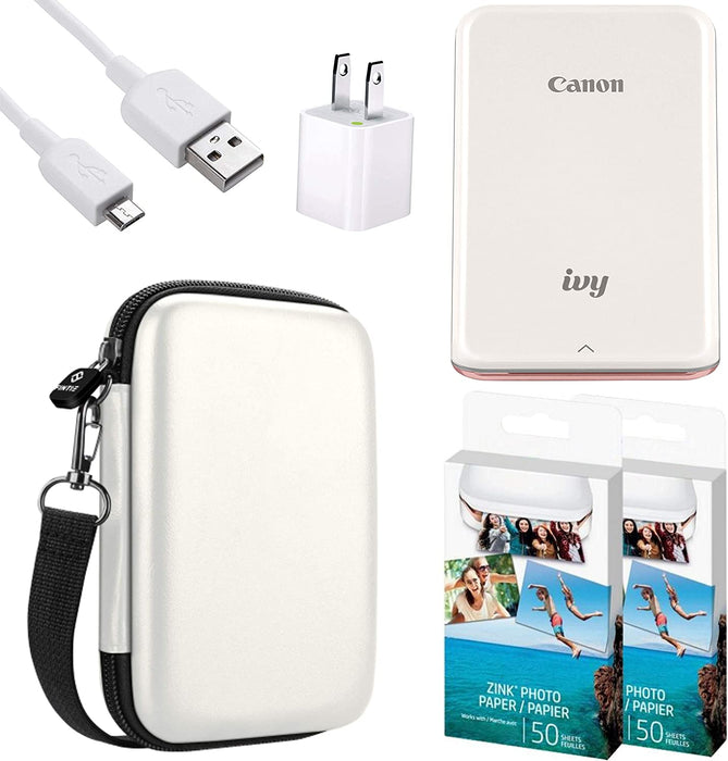 Canon IVY Mobile Instant Mini Photo Pocket Printer through Bluetooth, Portable, Rose Gold, Includes 2x3” Zink Photo Paper Sticker, Protective case and USB Charging Cable Wall Adapter